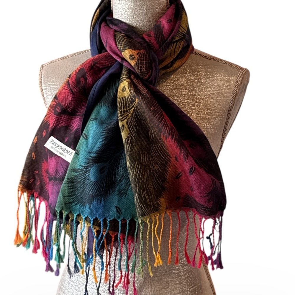 Peacock Feather Rainbow Pashmina Shawl Wrap Scarf Fringe Size OS - Picture 10 of 11